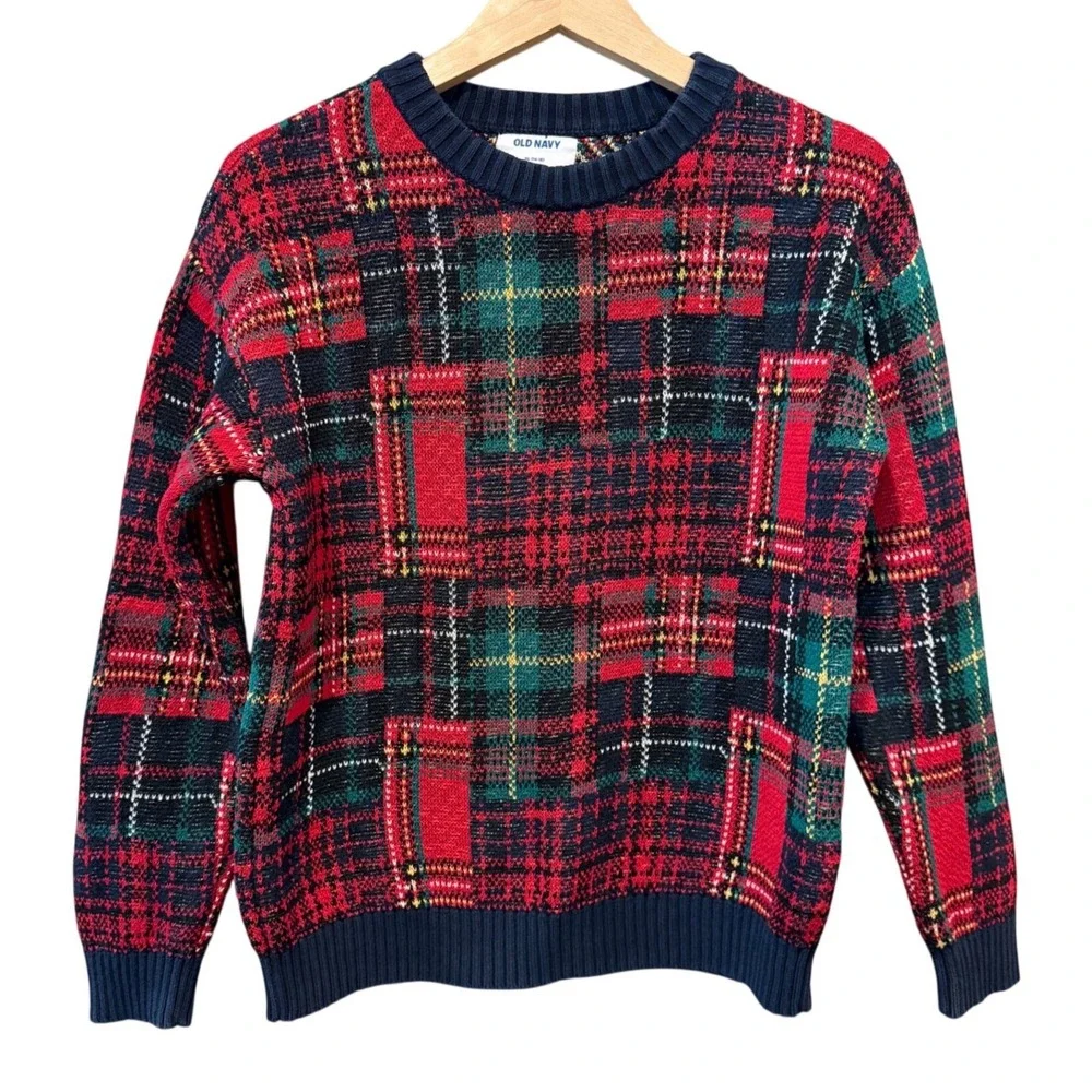 Old Navy Kids XL 14-16 Festive Crew Neck Plaid Sweater Red Green
